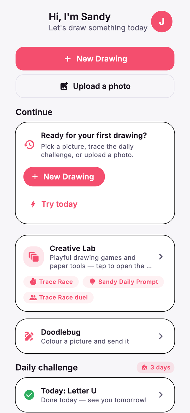 The SehgArt home screen — 'Hi, I'm Sandy, let's draw something today', with a New Drawing button.