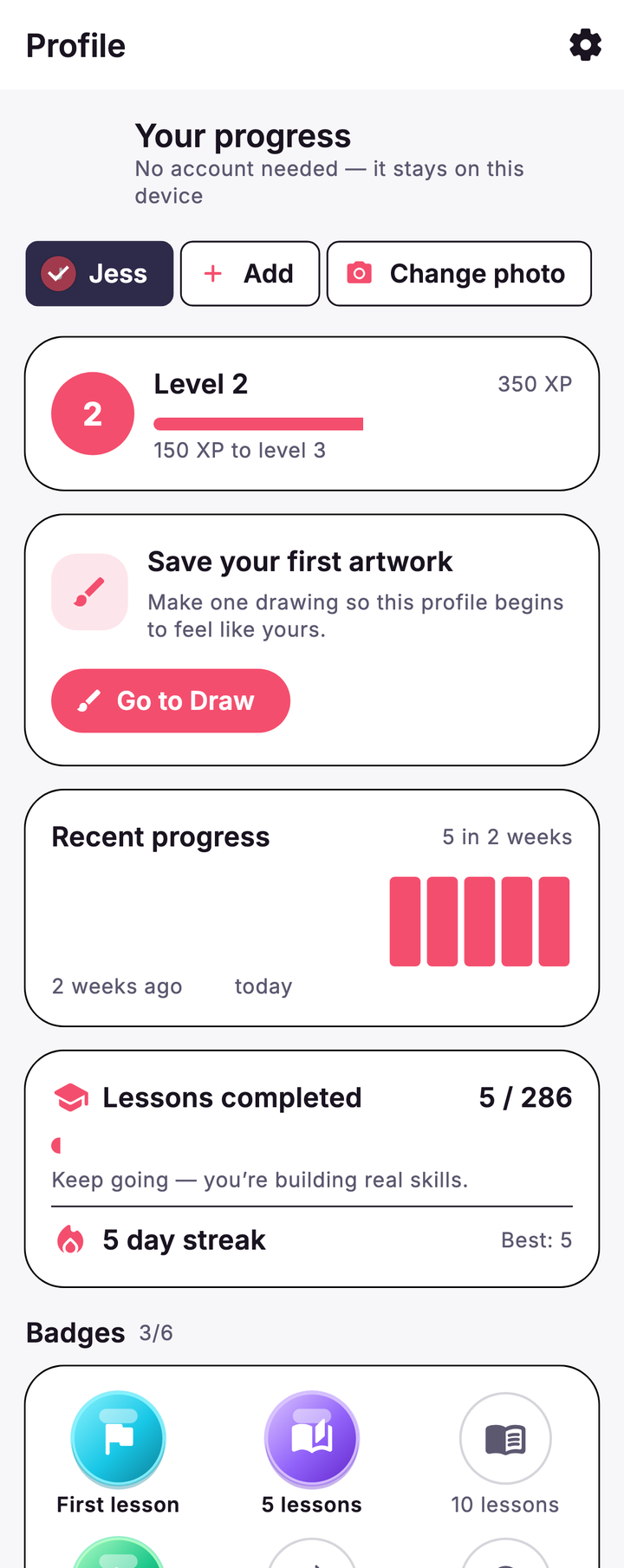 SehgArt profile — Level 2, recent progress, 5 of 286 lessons completed and a 5-day streak. It says the profile stays on this device.