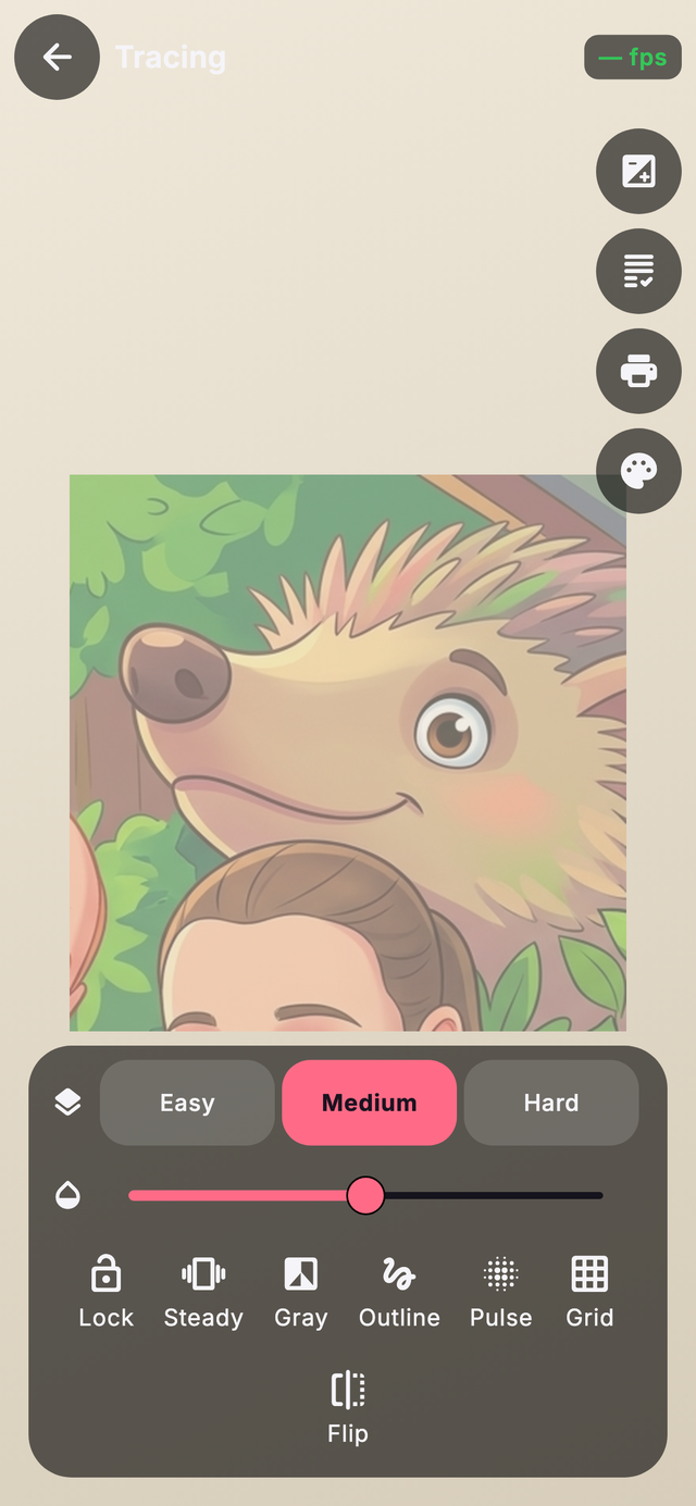 A hedgehog picture being traced with the opacity slider and grid controls.