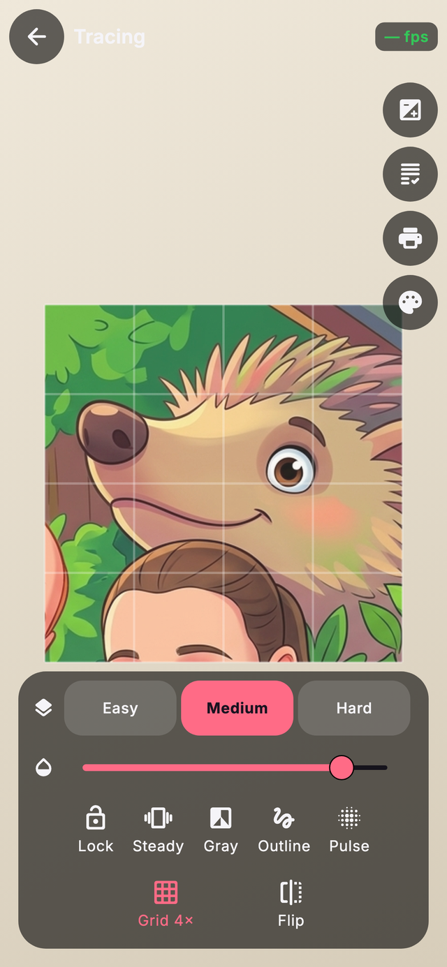 SehgArt tracing with the 4× grid overlay and opacity slider.